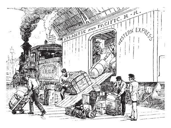 Esta Ilustração Representa Descarregamento Frete Uma Estação Ferroviária Desenho Linha —  Vetores de Stock
