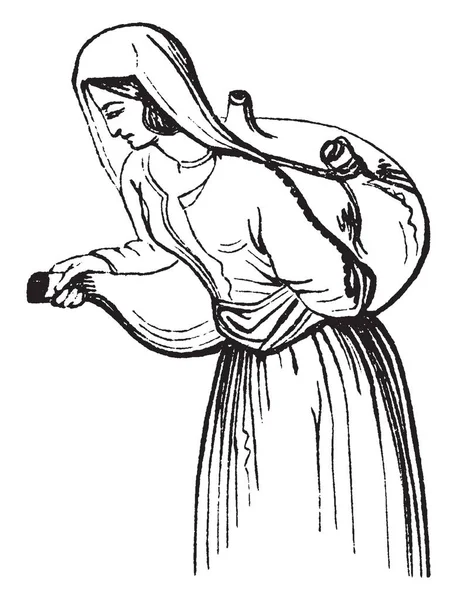 Keçi derisi su şişesi bir kadın tarafından yapılan eski bir resim. Bu tür bir şişe bir hayvanın derisini soyma, It, yetiştirme ve bacaklar nerede olmuştu, vintage çizim için delik kapatmayı veya illüstrasyon oyma tarafından yapılmıştır.