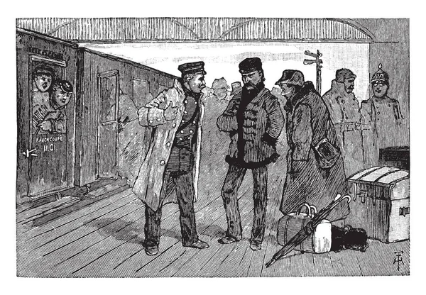 待っているグループ 男性鉄道駅 ビンテージの線画 彫刻の図 — ストックベクタ