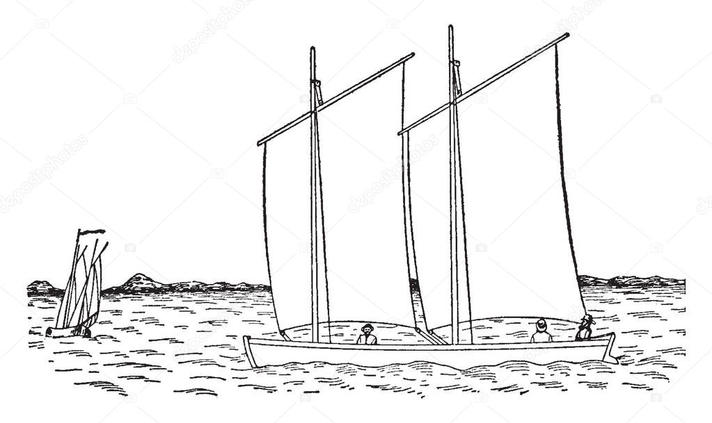 Wind Powered Sailboat with square rigged masts known as a brig, vintage line drawing or engraving illustration.
