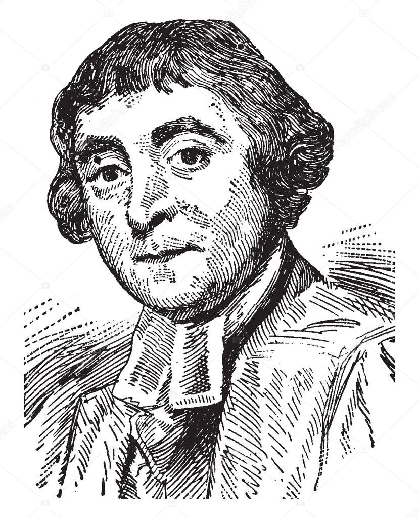 James Beattie, 1735-1803, he was a Scottish poet, philosopher and moralist who spent his entire academic career as professor of moral philosophy and logic, vintage line drawing or engraving illustration