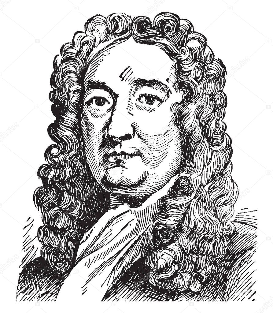 Sir Richard Blackmore, 1654-1729, he was an English poet, physician and religious writer, famous as the object of satire and an example of a dull poet, vintage line drawing or engraving illustration