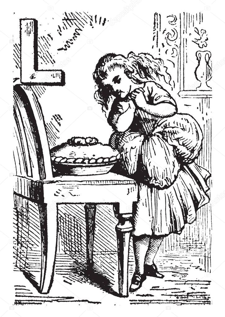 Alphabet, L longed for it, this picture shows a girl looking at food bowl kept on table and it looks like she wanted food for long time, vintage line drawing or engraving illustration 