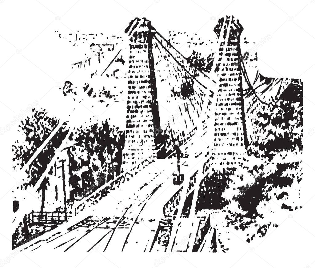Niagra bridge commonly known as the Rainbow Bridge which is an old stone towers of the Niagra Suspension Bridge, vintage line drawing or engraving illustration.