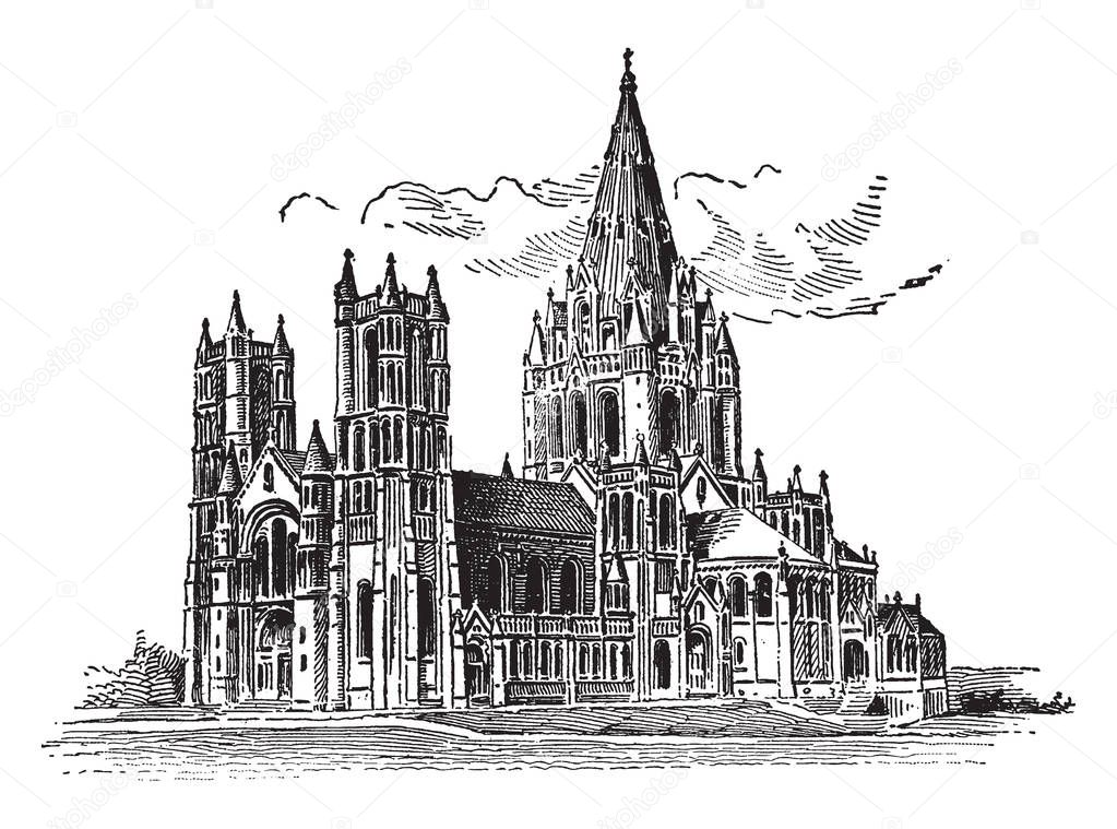 Cathedral of Saint John the Divine is the Cathedral Church located in the New York City, vintage line drawing or engraving illustration.