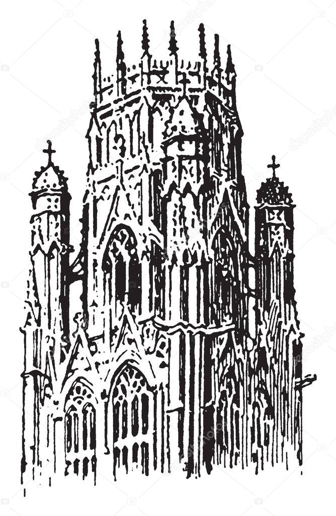 Lantern Tower at St. Ouen; Rouen, France, In Gothic architecture, frequently placed over the center of cross churches, the light admitted by windows in the sides, vintage line drawing or engraving illustration.