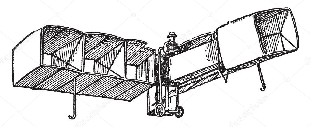 This illustration represents Santos Dumont Flying Machine, vintage line drawing or engraving illustration.