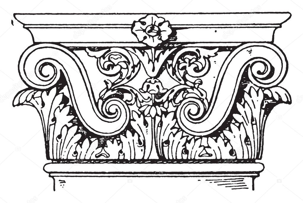 Roman-Corinthian Pilaster Capital, volutes, spiral, scroll, ornaments, sides, vintage line drawing or engraving illustration.