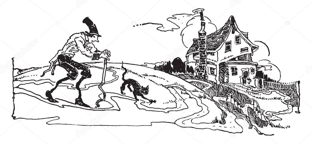 Elderly Man Walking with Cat Towards a House where an elderly man with a cat walking towards a dilapidated house, vintage line drawing or engraving illustration.