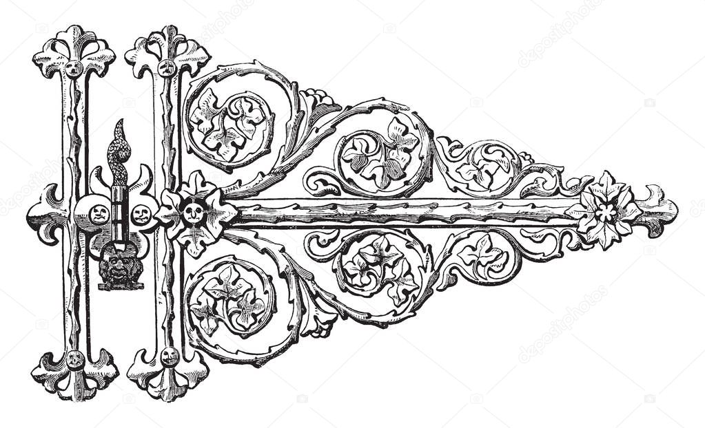 Gothic Hinge is designed in a scrolling, fronts is totally unique, household objects and scrolling leaf, vintage line drawing or engraving illustration.