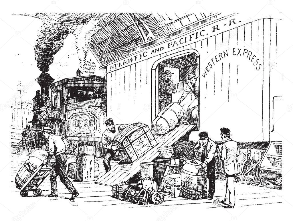 This illustration represents Unloading freight at a railway station, vintage line drawing or engraving illustration.