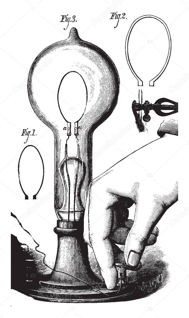 Thomas Edison invented first lightbulb and its filament, vintage line drawing or engraving illustration