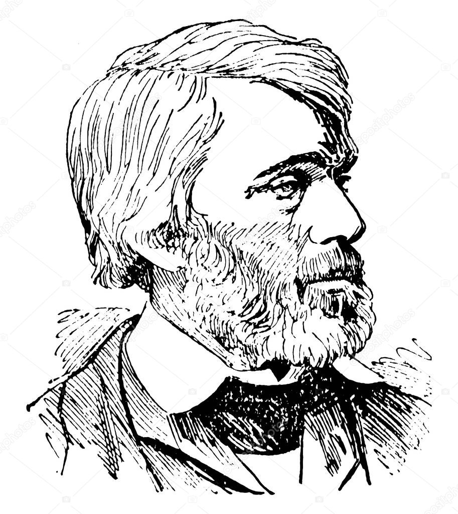 Thomas Carlyle, 1795-1881, he was a Scottish philosopher, satirical writer, essayist, historian and teacher, famous for the Carlyle circle and method used in quadratic equations in mathematics, vintage line drawing or engraving illustration