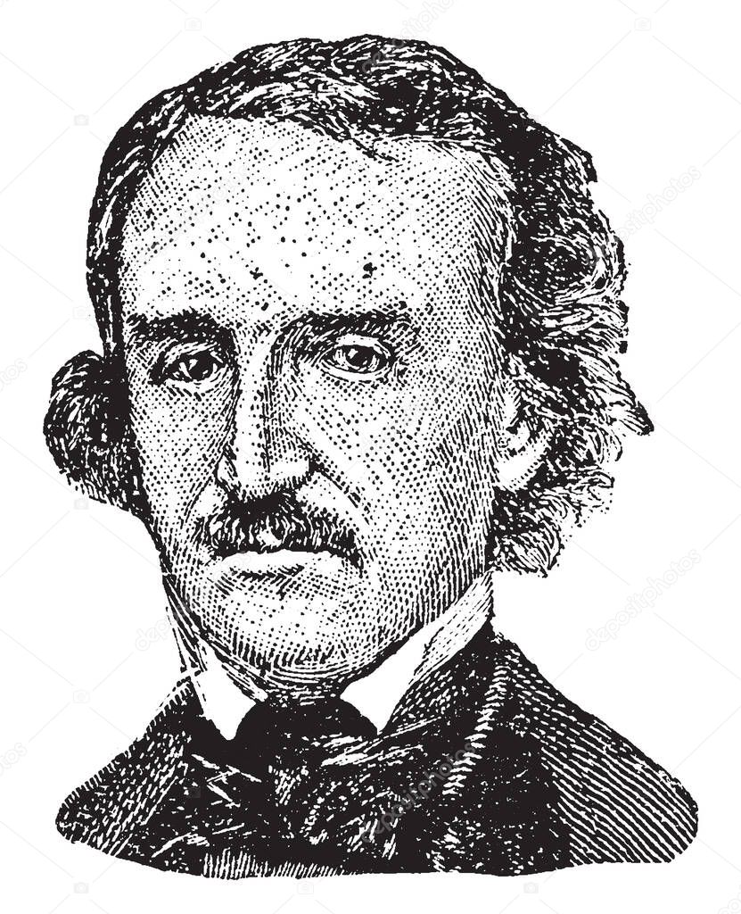Edgar Allan Poe, 1809-1849, he was an American writer, editor, and literary critic, vintage line drawing or engraving illustration