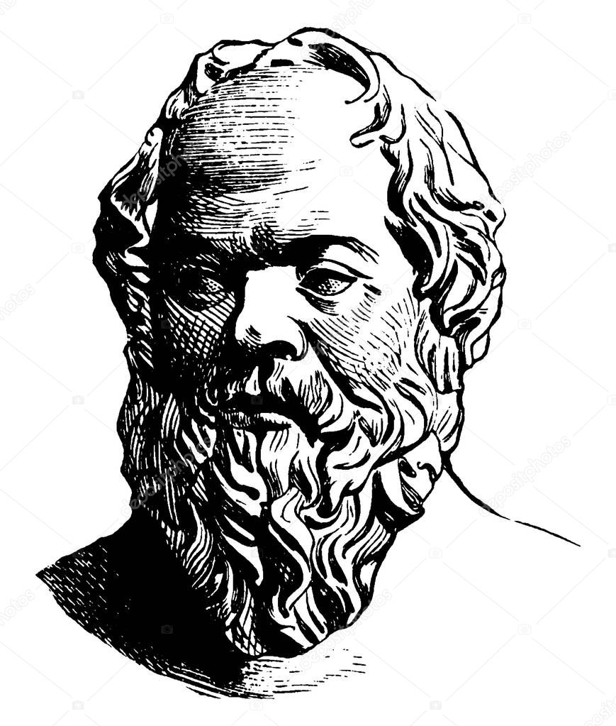 Socrates, 469-399 BC, he was a classical Greek philosopher, famous as the one of the founders of Western philosophy, vintage line drawing or engraving illustration