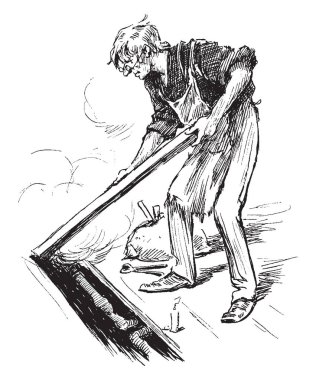 Nibblekin'ın yuvası, bu resmi bir şey sopa, vintage çizgi çizme veya oyma illüstrasyon ile zeminde yapan bir erkek gösterir.