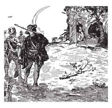 Altın-tren, bu dört adam, sopa ve uzun sakallı kişi grubuna karşı karşıya olan bir adam göstermektedir, ellerinde kılıç ve onları sopayla, orman arka plan, vintage çizgi çizme veya oyma illüstrasyon