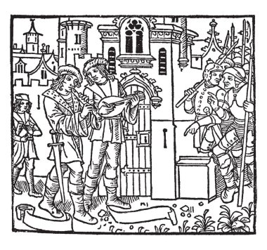 Müzik aletleri, vintage çizim oynarken veya illüstrasyon oyma iki halk ozanları