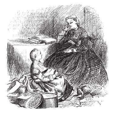 Bu resimde anne kızına hikayeler anlatıyor. Kızı tamamen hikayeler, vintage çizgi çizim veya gravür illüstrasyon dalmış.