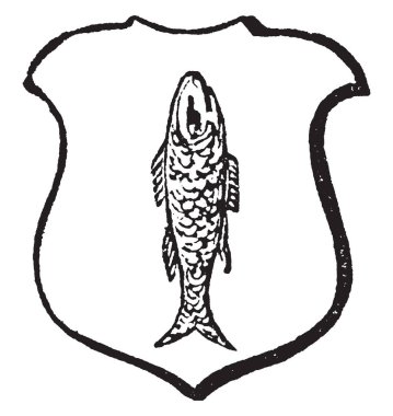 Haurient dik yönde, vintage çizgi çizme veya oyma illüstrasyon bir balık var.