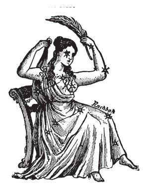 Bu resmi bir kadın sandalye, vintage çizgi çizme veya oyma illüstrasyon oturuyor bir takımyıldızı vardır.