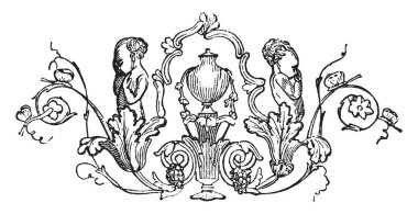 Kupa süsleme var şeklinde kupa nesne ortada, yapraklar ve çiçekler, vintage çizgi çizme ve oyma ile süslüdür.