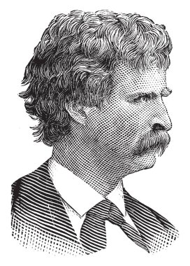 Mark Twain, 1835-1910, he was an American writer, humourist, entrepreneur, publisher, and lecturer, vintage line drawing or engraving illustration clipart