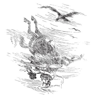 Chimera, bu sahne uçan kuş ve hayvan kafa ile aşağı hava, vintage çizgi çizme veya oyma illüstrasyon gösterir