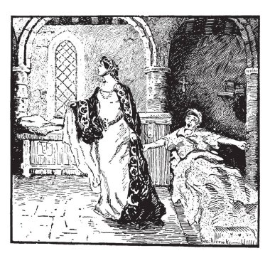 Rebecca penceresine gider, bu resmi bir kadın çocuğun elini tutarak ve yürüme, vintage çizgi çizme veya illüstrasyon oyma gösterir