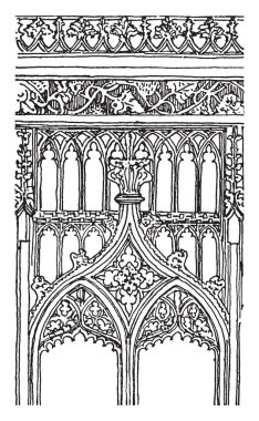 Perde ahşap perde Manchester Cathedral, vintage çizgi çizme veya oyma illüstrasyon bir parçasıdır.