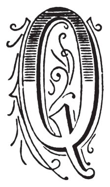 Bir süs ve dekoratif harf Q, vintage çizgi çizme veya oyma illüstrasyon