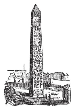 Dikili taş anıt veya Simgesel Yapı, vintage çizgi çizme veya oyma illüstrasyon kare veya dikdörtgen kesit sahip bir piramit top ile kare bir abidesi.
