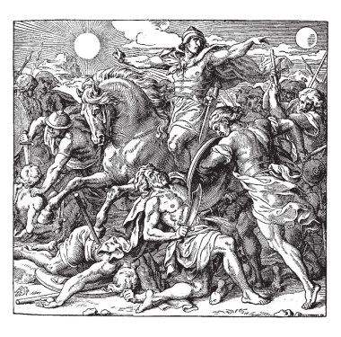 Joshua Commands the Sun to Stand Still, this scene shows a man on horseback in the midst of a battle commands the sun and the moon to stand still, other people are fighting, vintage line drawing or engraving illustration clipart