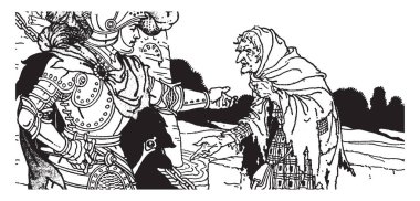 Gümüş kalkan Şövalyeleri, bu sahneyi knight savaşçı Tekdüzen yaşlı adam, vintage çizgi çizme veya oyma illüstrasyon konuşmak gösterir