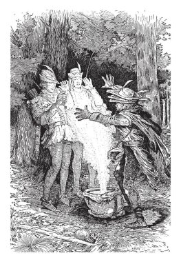 Dilenci ve Robin Hood, bu sahne onu, vintage çizgi çizme veya oyma illüstrasyon önünde duran iki adam çantasından yemek atma dilenci gösterir