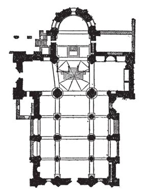 San Michele, Pavia, planı çizim veya illüstrasyon oyma 10001200, Romanesk mimari, Pavia Ottaviano, vintage çizgi.