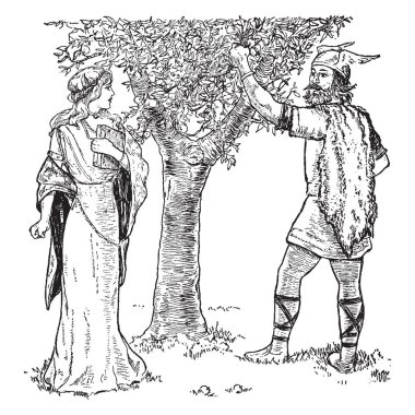 Loki, the god of mischief, trying to convince Idun that a crabapple tree's fruit is better than her golden apples. Loki is doing this to obtain some golden apple for the giant Thiassi, vintage line drawing or engraving illustration. clipart