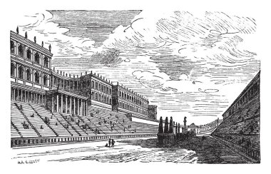Circus Maximus, savaş arabası-yarış favori eğlence, büyük sirk özellikle düzenlenmiş, üç dört arabaları yan yana vintage çizgi çizme veya oyma illüstrasyon karşılamak.