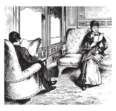 Nerede bir adam ve bir kadın bir tren bölme, vintage çizgi çizme veya oyma illüstrasyon okuma bölmesi Tren.