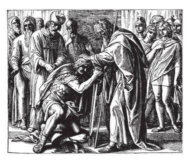 Musa, Joshua için ücret vererek bu sahneyi yaşlı bir adam sürekli el adam kafasına kim onlara bakan diğer kişiler onun önünde çökmüş, vintage satır çizim veya gravür illüstrasyon gösterir