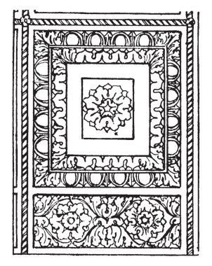 Tavan paneli, tipik Roma paneli, bir oda, çatı yapısı, bir katlı yukarıdaki katında, vintage çizgi çizme veya oyma illüstrasyon alt gizlemek yüzey üst sınırlarını kapsar.