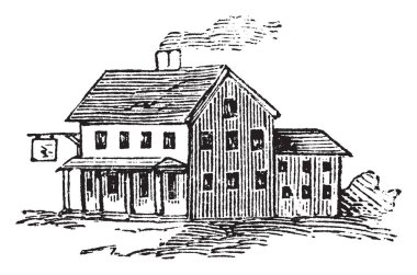 Bu resmi küçük bir han olduğunu ve duman Inn, vintage çizim için çatıdan gelen veya illüstrasyon oyma gösterir.