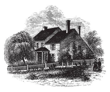 Ev içinde General Washington onun Brandywine savaş arifesinde karargahıydı. Büyük bir ev, ağaçlar ve bileşik ve birlikte, vintage çizim için yürüyüş veya illüstrasyon oyma bir aşk kaç.