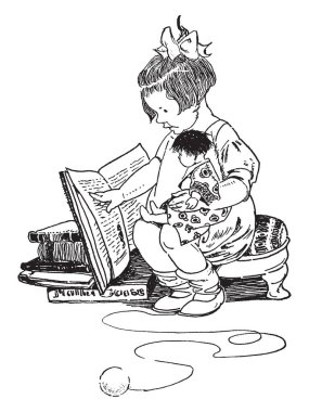 Kız okuma kitabı ve Holding bebek, çocuk, Bebek, Erkek, çocuk, oyun, okumak, oyuncaklar, vintage çizgi çizme veya oyma illüstrasyon.