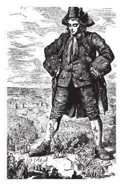 Guliver ve Kraliyet Ordusu, dev bir adam bu sahne gösterir ve bacaklarının arasında spears, trompet ve bayraklar, vintage çizgi çizme veya oyma illüstrasyon tutan askerler kral ordusuyla yürüyüşleri