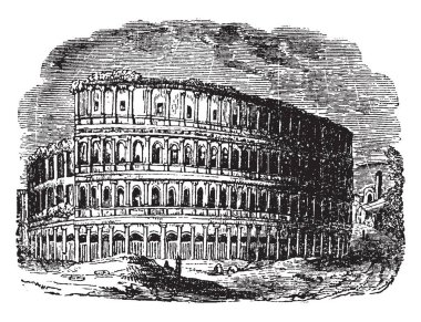 Roma, hava mekanları gladyatör mücadele, İmparatorluk dönemi, vintage çizgi çizme veya oyma illüstrasyon sırasında anıtsal gibi etkinlikler için kullanılan yükseltilmiş oturma ile Roma amfi.
