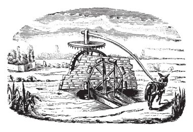 Mısır Noria, vintage illüstrasyon kazınmış. Endüstriyel ansiklopedi E.-O. Lami - 1875