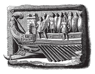 Heykel bir antik bas Rölyef heykeli bir savaş Gale, vintage çizgi çizme veya oyma illüstrasyon..