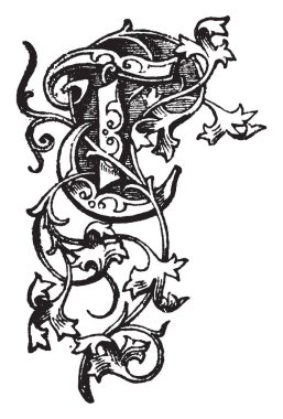 An ornamental capital letter T surrounded by leaves and vines, vintage line drawing or engraving illustration