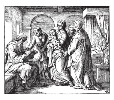 Not defteri ve dört kadın onun önünde bebek eller, vintage çizgi çizme veya oyma illüstrasyon tutan bir kadın ayakta yazma yaşlı bir adam